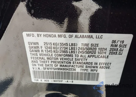 2019 Honda Pilot Touring from USA, damaged, VIN 5FNYF5H99KB042236